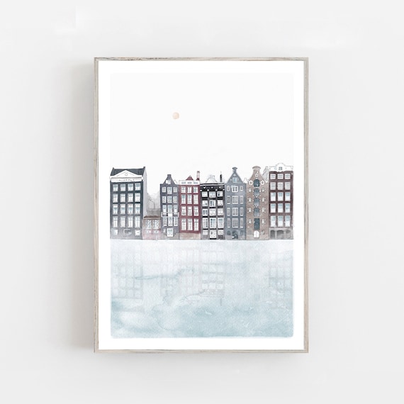 Watercolor Amsterdam fine art print, city wall art, Amsterdam houses painting