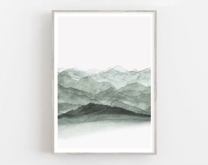 Watercolor mountain landscape print, rainy forest watercolor print, nordic wall art