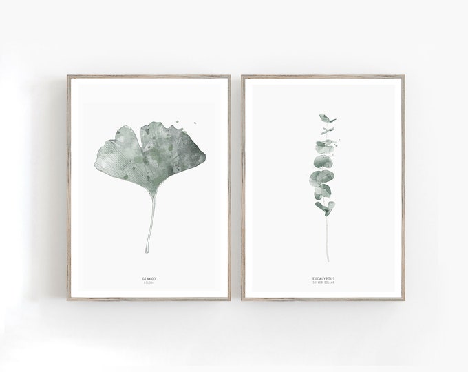 Set of 2 botanical art prints, green wall art, ginkgo print, eucalyptus print