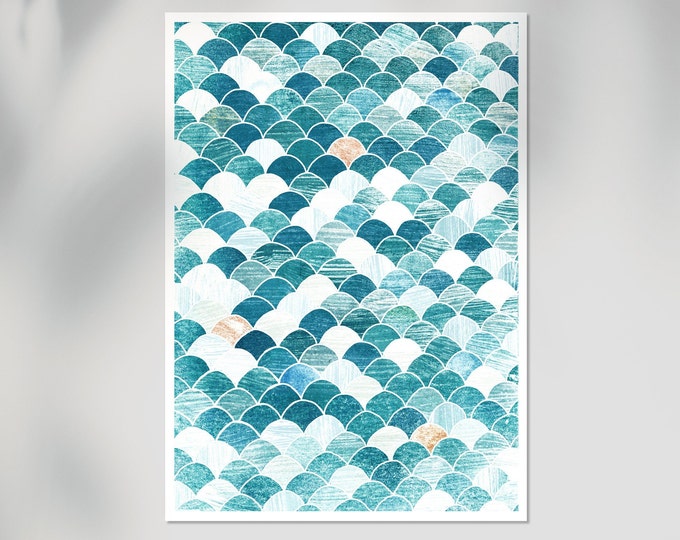 Mermaid pattern print, beach house print, turquoise art print, bathroom wall art decor