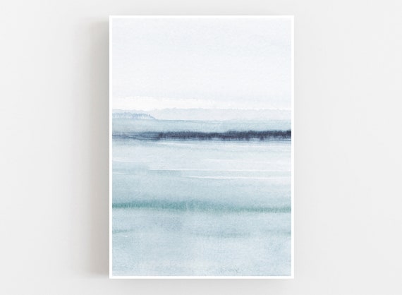 Abstract watercolor foggy landscape print, scandinavian wall art decor, watercolor ocean print