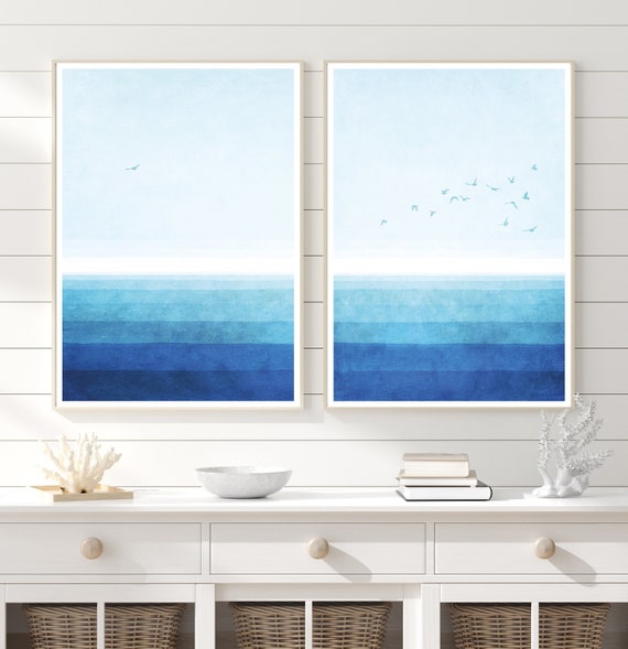 Set of 2 sea prints, blue watercolor ocean print, sea illustration, blue wall art