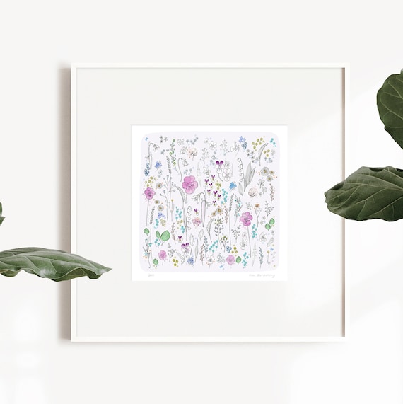 Watercolor meadow with Viola flowers print, pansies print,  wildflowers meadow
