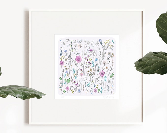 Watercolor meadow with Viola flowers, pansies print