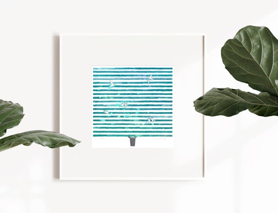 Watercolor tree print, origami birds, green wall art
