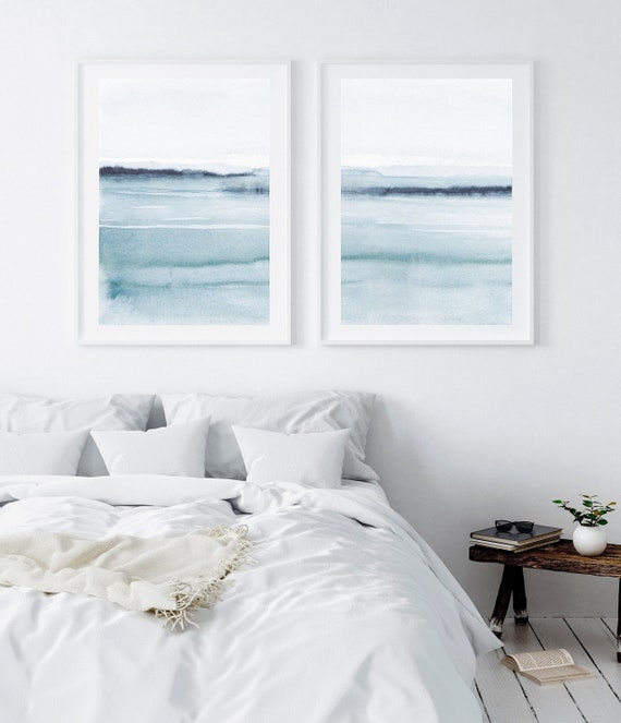 Set of 2 abstract watercolor landscape prints, blue ocean prints