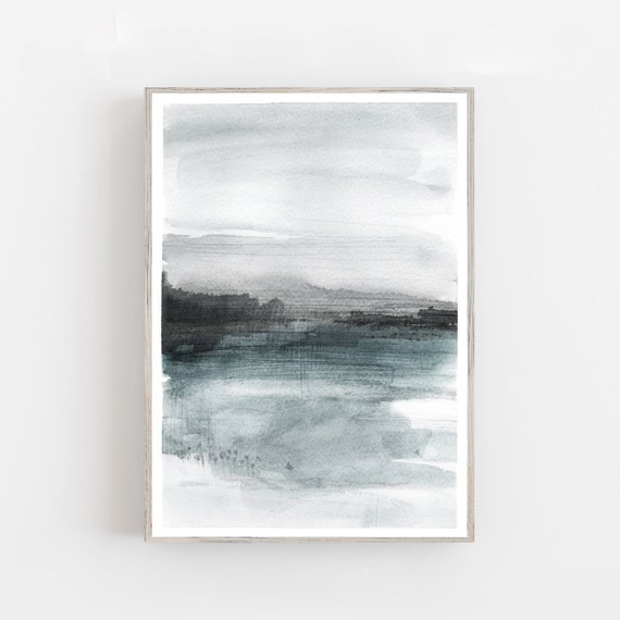 Abstract watercolor foggy landscape print, modern blue grey print, scandinavian wall art, nordic wall decor
