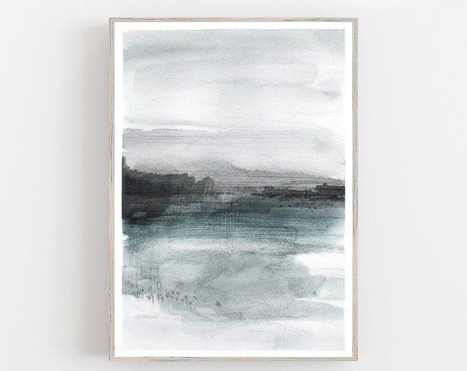 Abstract watercolor foggy landscape print, modern blue grey print, scandinavian wall art, nordic wall decor
