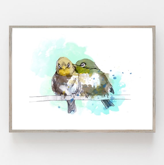 Watercolor two birds fine art print