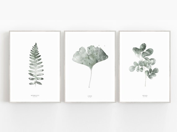 Set of 3 botanical prints, green leaves prints, scandinavian wall art decor