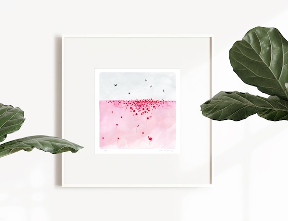 Abstract watercolor poppy meadow fine art print, red watercolor landscape print