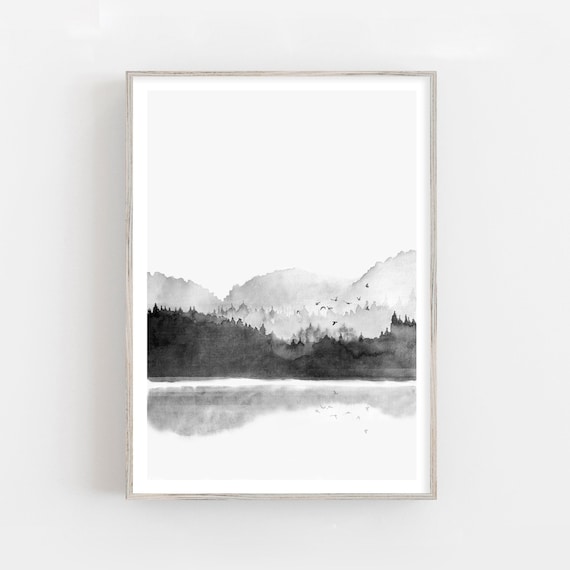Modern mountain landscape, scandinavian wall art, black and white print