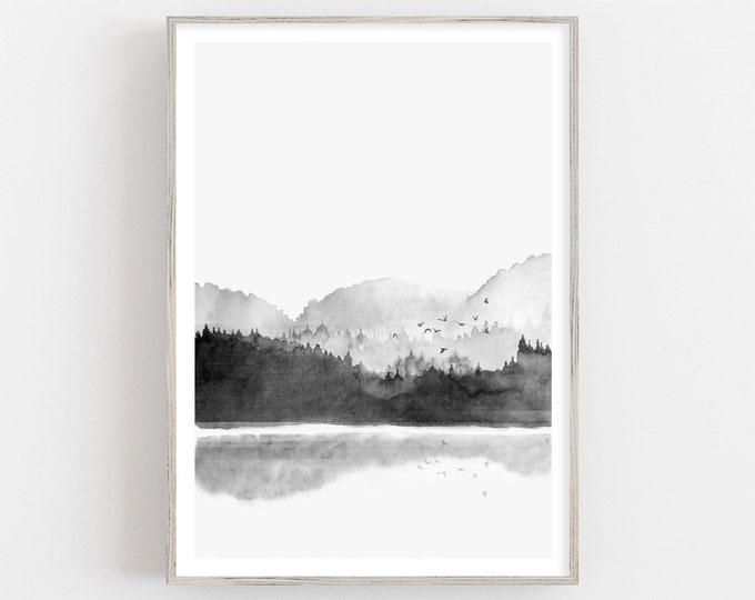 Modern mountain landscape, scandinavian wall art, black and white print