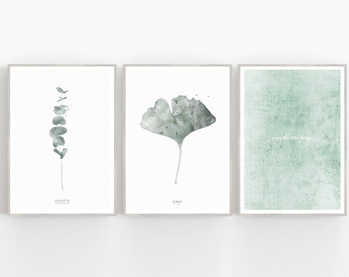 Set of 3 botanical prints, green leaves prints set, nordic home decor
