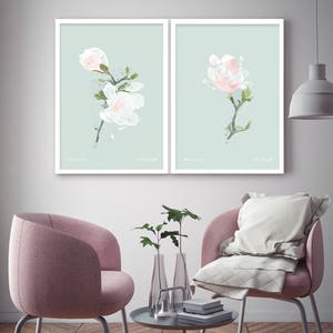 Set of two botanical prints Magnolia blossom prints Spring Flowers White Flowers image 2