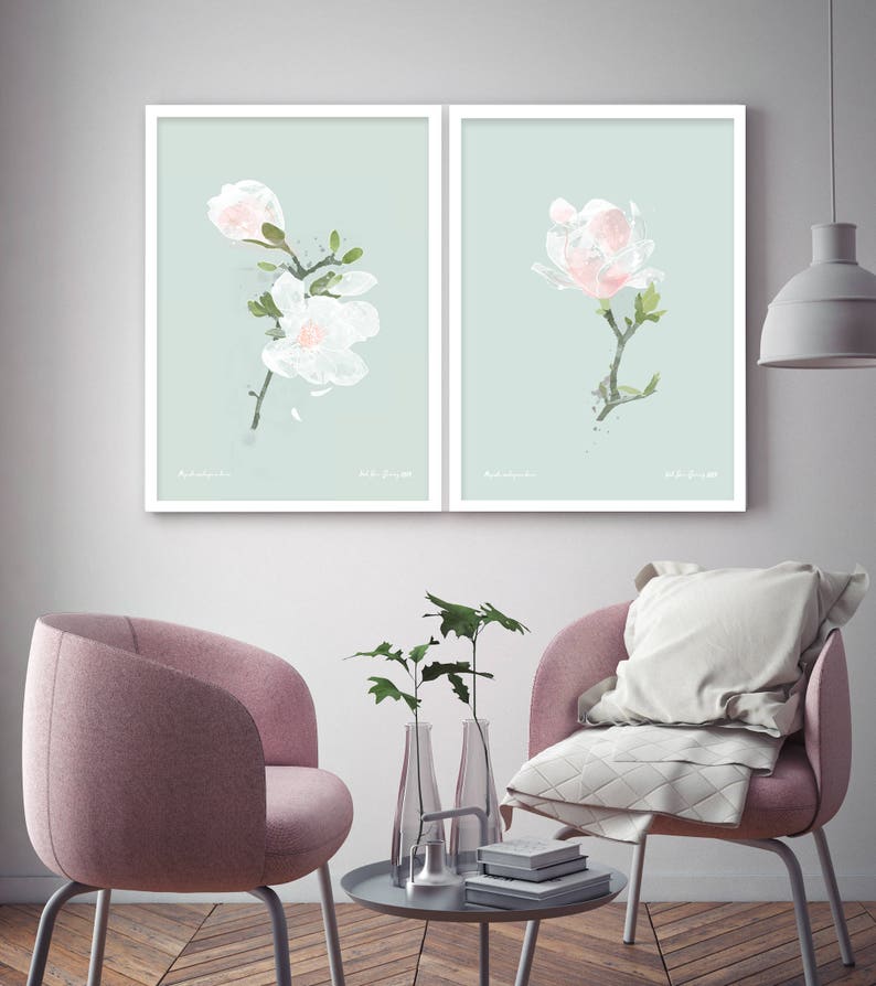 Set of two botanical prints Magnolia blossom prints Spring Flowers White Flowers image 2