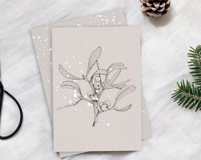 Christmas Card Mistletoe Set of 2, winter Postcard, Christmas Folding Card, Hygge Greeting Card