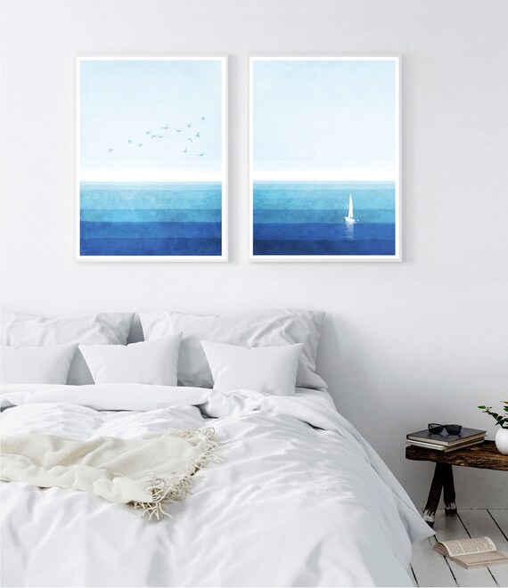 Set of 2 sea prints, blue watercolor ocean print, sea illustration, blue wall art