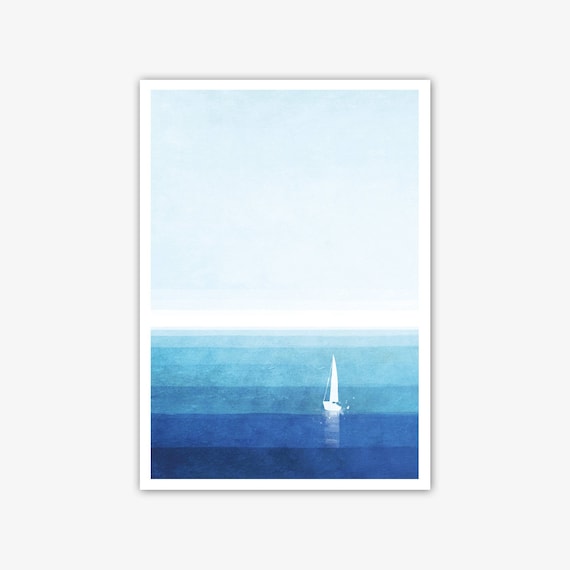 Abstract sea print, blue wall art decor, sailboat print, nautical print, modern ocean print