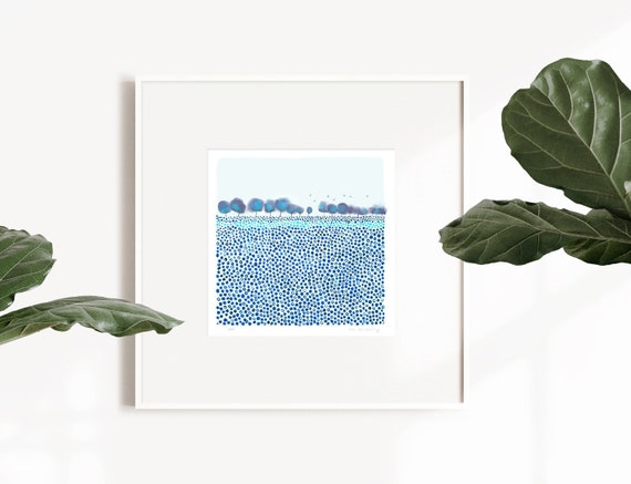 Watercolor blue meadow landscape print , fine art print, blue wall art, modern landscape