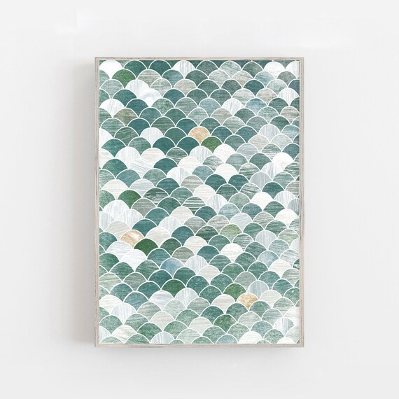 Green abstract pattern print, mermaid scales print
