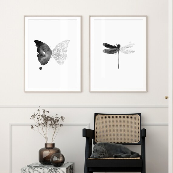 Set of 2 watercolor black fine art prints, Butterfly and dragonfly prints, modern minimalist watercolor
