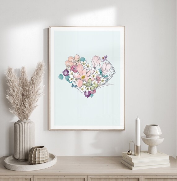 Flower heart print, spring flowers print, boho print, wedding gift