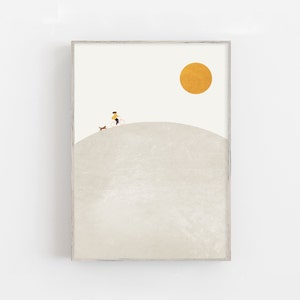 Cycling in the dunes print, mid century print, modern beige wall art