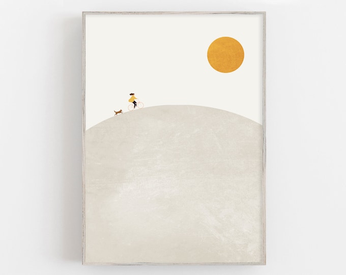 Cycling in the dunes print, mid century print, modern beige wall art