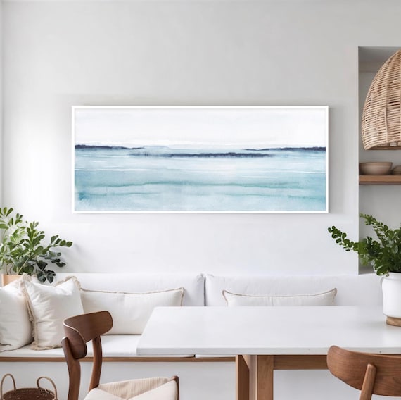 Light Blue Abstract Watercolor Print – Coastal Wall Art in Panorama Format – Hamptons Style Beach House Decor, Ocean Summer Vibes