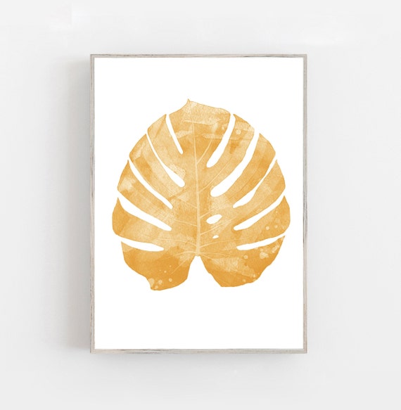 Watercolor Monstera Leaf print, Tropical Leaf, Botanical Print, Mustard Yellow Print