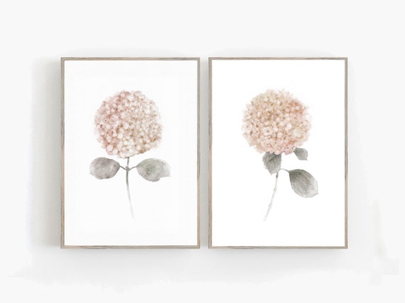 Set of 2 beige nude  watercolor flowers hydrangeas prints