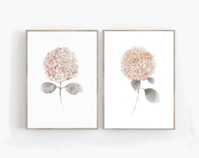 Set of 2 beige nude  watercolor flowers hydrangeas prints