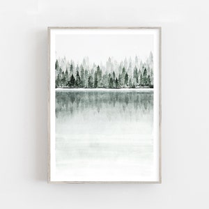 Watercolor Lake Forest print, foggy lake print, foggy landscape print