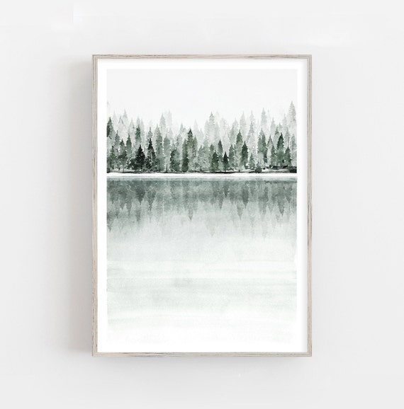 Watercolor Lake Forest print, foggy lake print, foggy landscape print