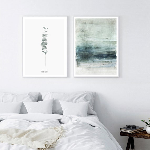 Set of 2 abstract prints, modern watercolor landscape, blue wall art, modern minimalist prints