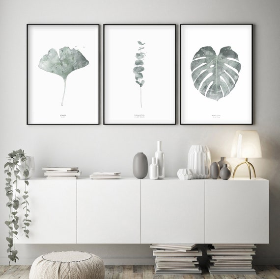 Set of 3 botanical fine art prints, green leaves wall art, watercolor leaves