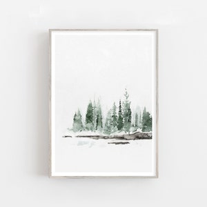 Modern watercolor foggy forest print, winter lake print, scandinavian wall art