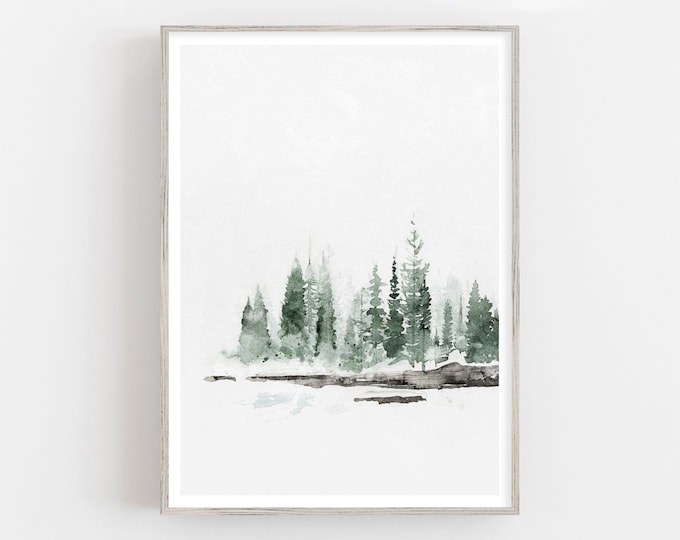 Modern watercolor foggy forest print, winter lake print, scandinavian wall art