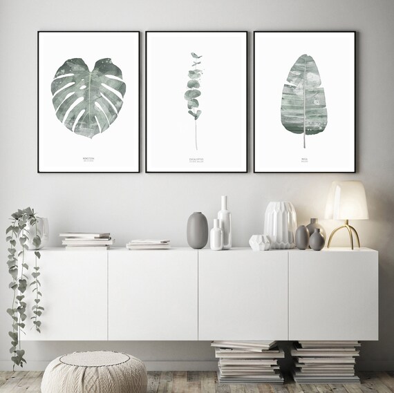Set of 3 botanical prints, tropical leaves wall art, green prints