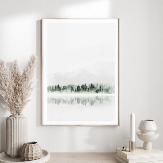 Modern watercolor foggy forest print, winter lake print, scandinavian wall art