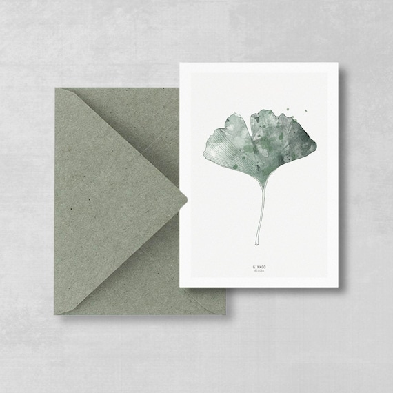 Botanical postcard Gingko Biloba leaf set of 2
