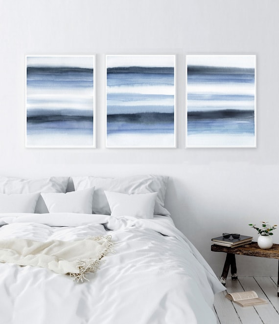 Set of 3 abstract watercolor landscape prints, bedroom wall art, scandinavian prints