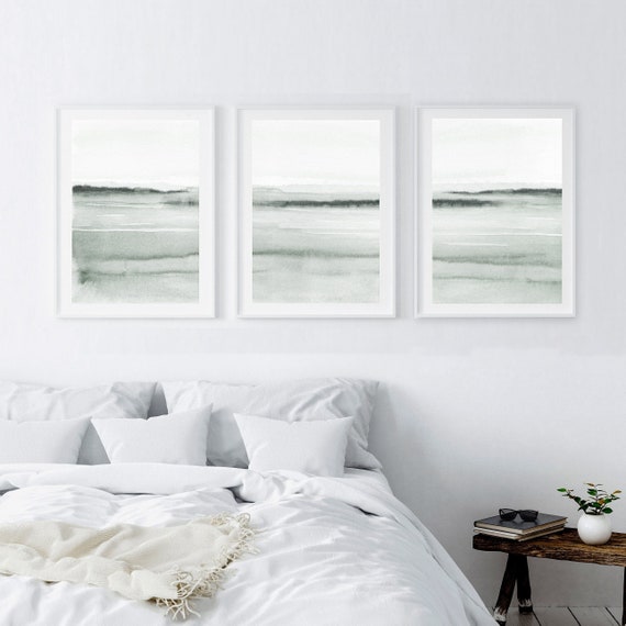 Set of 3 abstract watercolor landscape prints, bedroom wall art, scandinavian prints