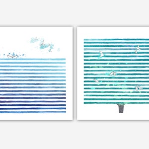 Conjunto de 2 impressões em aquarela, impressão de paisagem abstrata, impressão de árvore marinha em aquarela, arte de parede azul, aquarela azul, listras