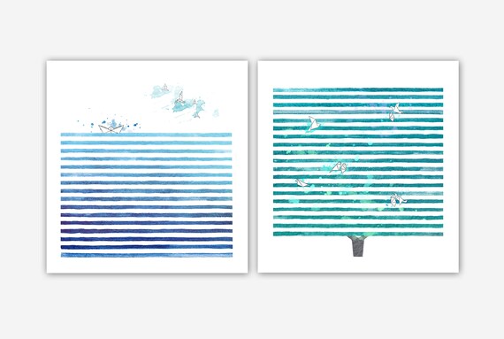 Set of 2 watercolor prints, abstract landscape print, watercolor sea tree print, blue wall art, blue watercolor, stripes