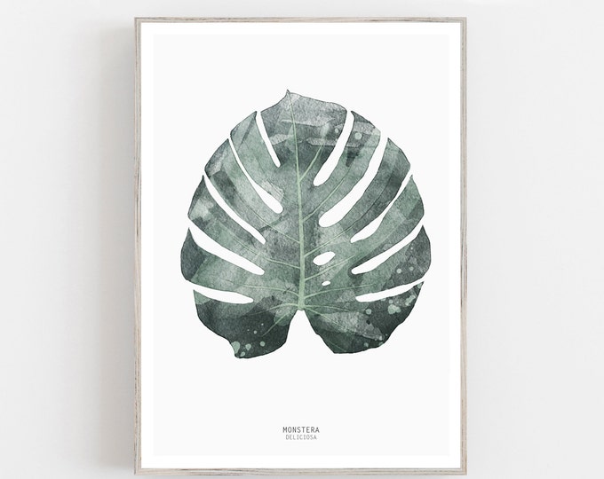 Watercolor Monstera Leaf print, Tropical Leaf, Botanical Print, Green Print