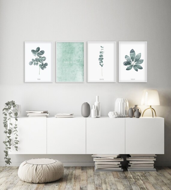 Set of 4 modern botanical prints, green wall art, modern watercolor leaf print