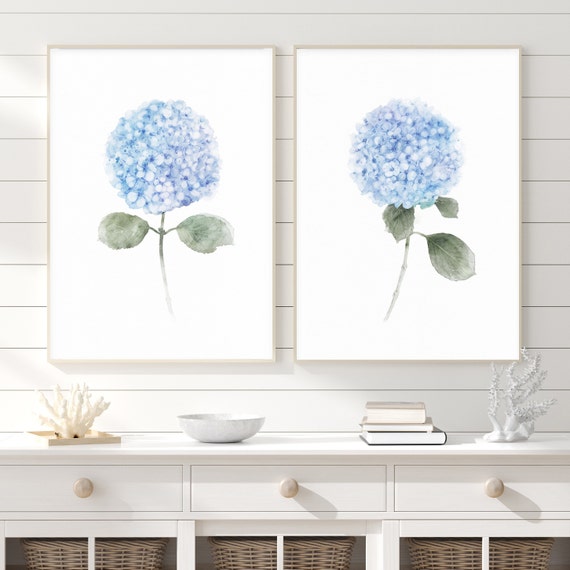 Set of 2 blue watercolor flowers hydrangeas prints