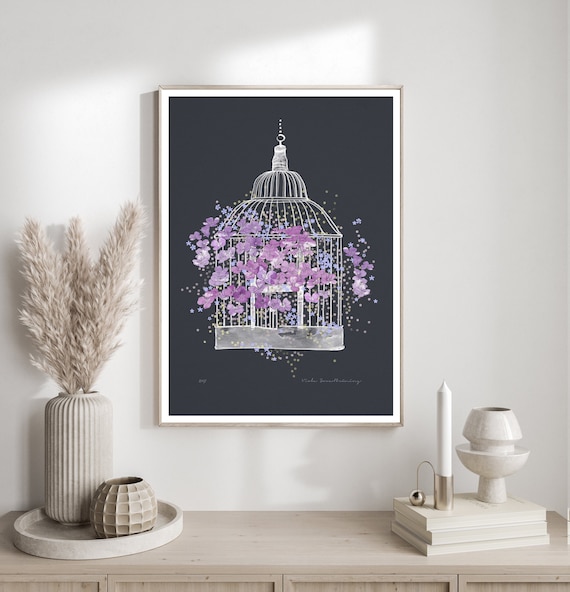 Bird cage with flowers fine art print, cottage house print, black print